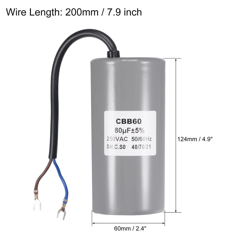 MECCANIXITY CBB60 Run Capacitor 80uF 250V AC 2 Wires 50/60Hz Cylinder 124x60mm with Terminal for Air Compressor Water Pump Motor