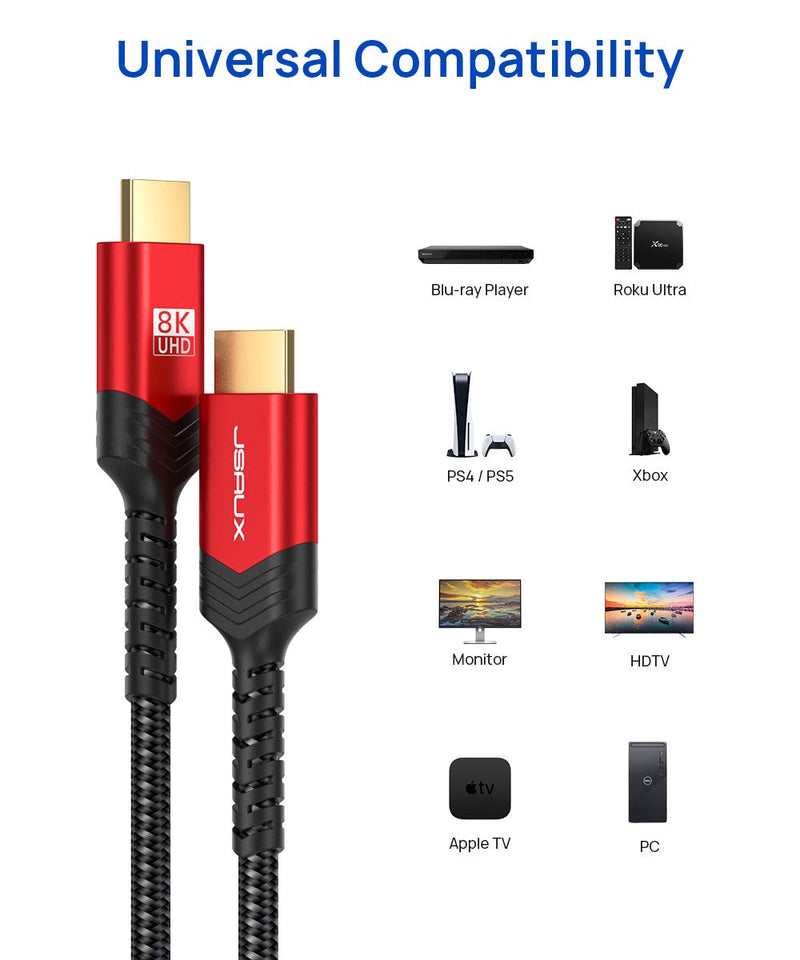 8K HDMI Cable 6.6FT, JSAUX 8K HDMI Cord (8K@60Hz 7680x4320, 4K@120Hz), Supports 48Gbps eARC HDR10 HDCP 2.2 & 2.3 3D, Compatible with PS5, PS4, X-Box Series X, LG/Samsung QLED TV
