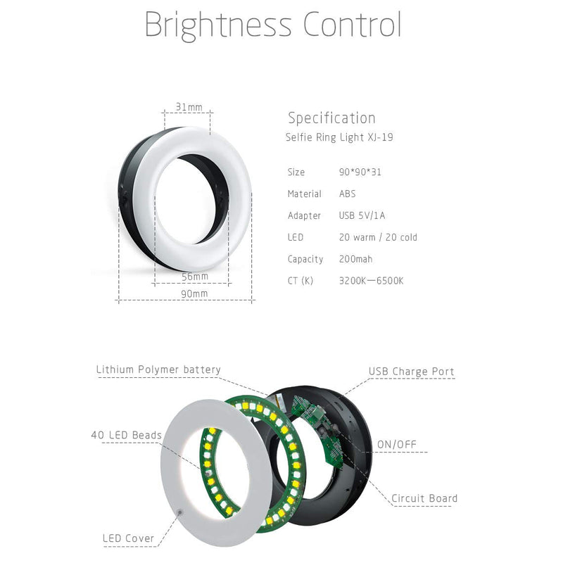 XINBAOHONG Selfie Ring Light Rechargeable Portable Clip-on Selfie Fill Light with 40 LED for Smart Phone Photography, Camera Video, Girl Makes up