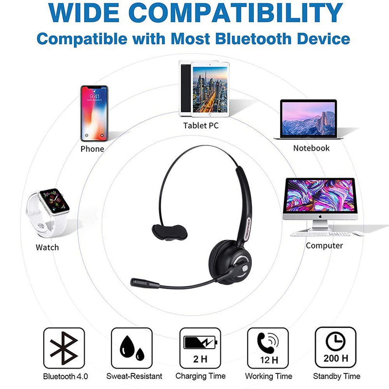 Trucker Bluetooth Headset with Microphone, Wireless Headphone with Microphone, Wireless Cell Phone Headset On Ear Design for Home Office Call Center Skype