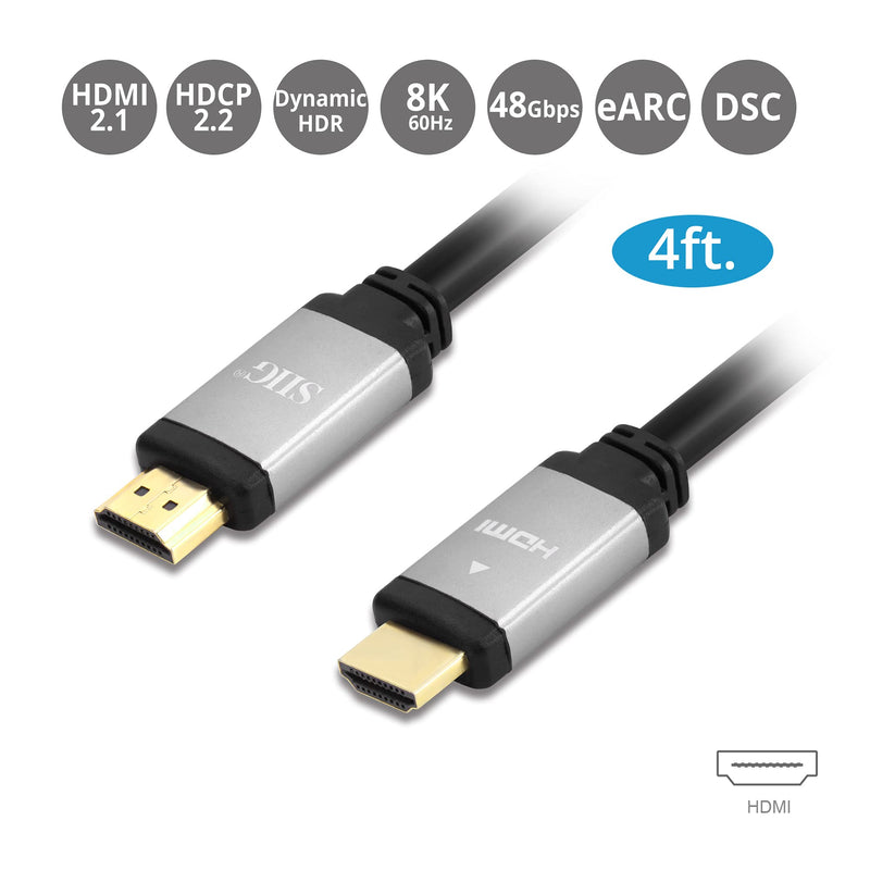 SIIG Ultra High Speed HDMI Cable - 4ft, HDMI 2.1 Cable, Supports high Resolution up to 8K@60Hz, 48Gbps, HDCP 2.2, Dynamic HDR, eARC, Gold Plated, Aluminum Housing (CB-H20Y11-S1) 4 FT