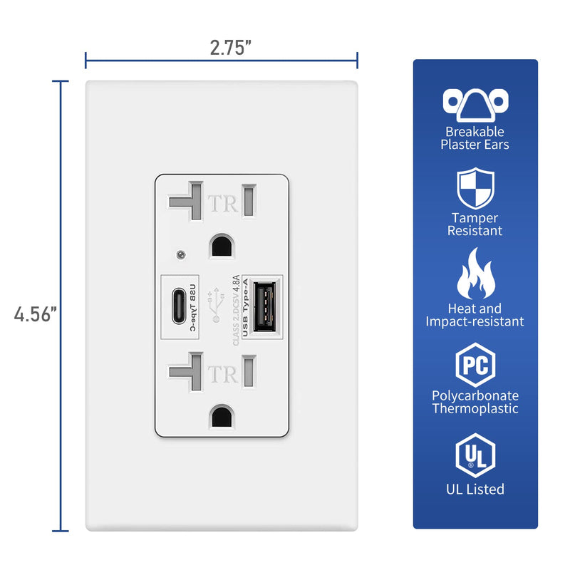 USB C Outlet PD 24W Power Delivery Receptacle 4.8A, Receptacle in-Wall Charger with 20 Amp, 125 Volt Tamper-Resistant Outlet, White Not for laptops (USB c PD 1pack) 1 pack