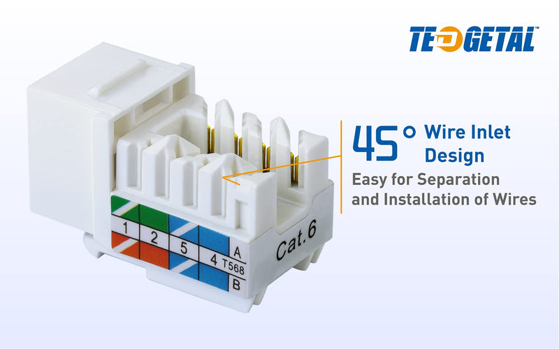 Tedgetal Cat6 RJ45 Keystone Jack 25-Pack 45 Degree, Punch Down Ethernet Wall Jack Insert Coupler, Keystone Jack Adapter UL Listed, White 45 degree cat 6
