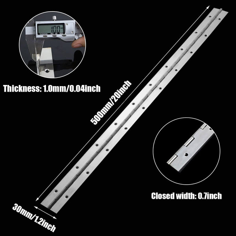 EPHECH 20Inch Continuous & Piano Hinges, 2PCS Heavy Duty Stainless Steel Piano Hinge, Smooth Polished Folding Continuous Hinge, 0.04inch Leaf Thickness, 1.2inch Open Width Silver