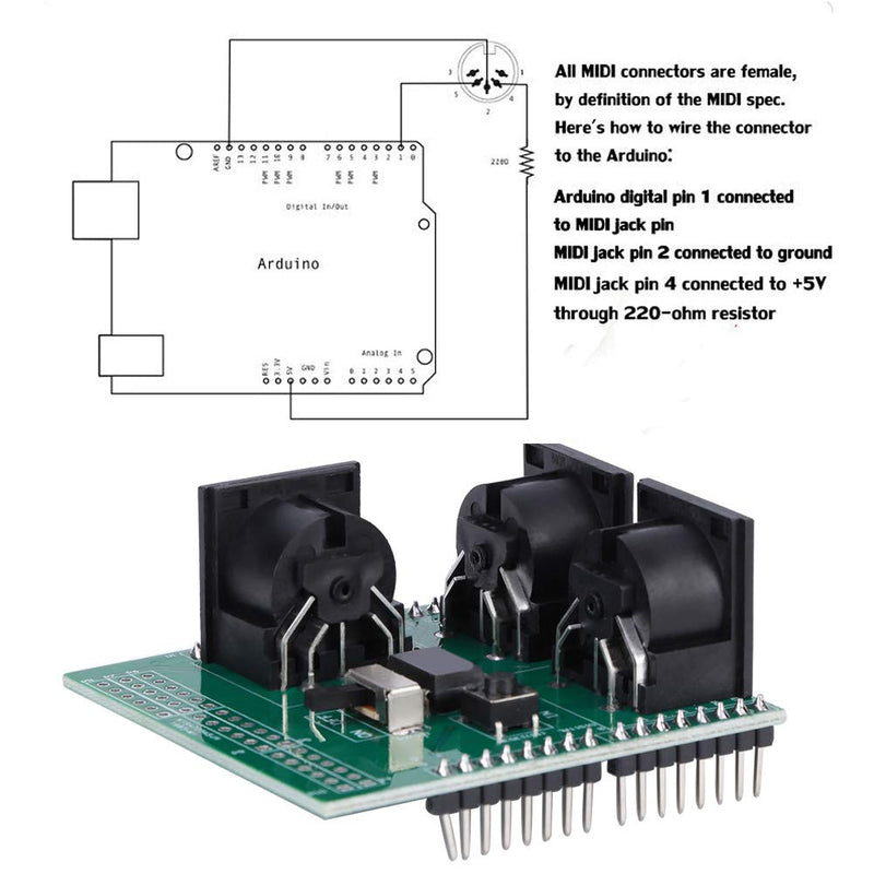 MIDI Shield Breakout Board, 3 Right Angle Female MIDI Connector Serial to MIDI Module with Extension 2.54mm Pin Headers for Arduino UNO R3 AVI PIC Digital Interface Adapter