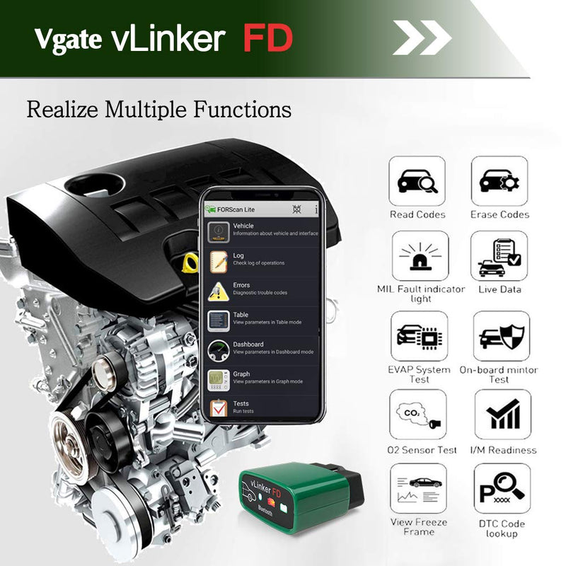 Vgate vLinker FD OBD2 Bluetooth Car Code Reader, OBD2 Diagnostic Scanner for Android & Windows - Made for FORScan FD BT3.0 - Android & Windows