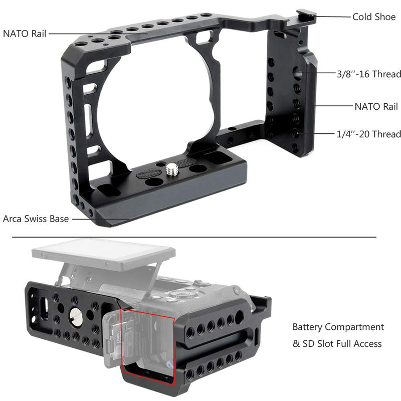 NICEYRIG Form-Fitting Cage for Sony A6400 A6500 with NATO Rail, Cold Shoe, Locating Holes and Quick Release Plate for Arca Swiss - 082