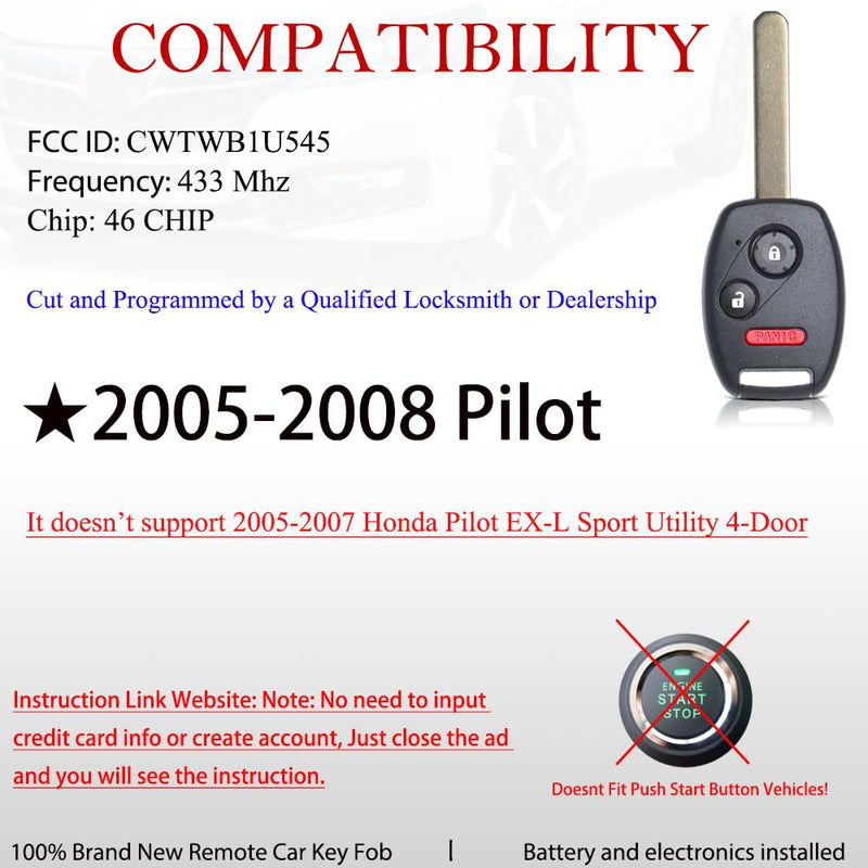 Key Fob Remote Replacement Fits for Honda Pilot 2005 2006 2007 2008 CWTWB1U545 Keyless Entry Remote Control 35111-S9V-325