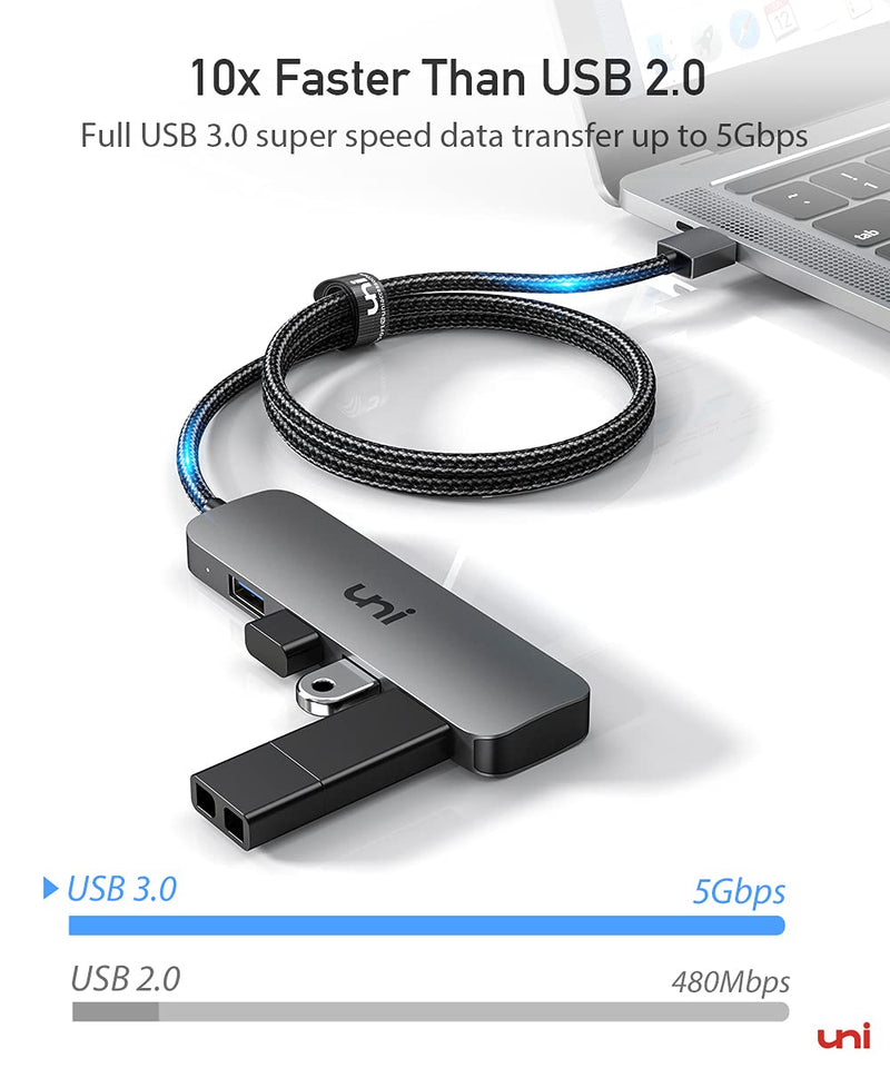 uni USB C Hub, Thunderbolt 3 to 4 USB 3.0 Ports with 4FT Long Cord, Aluminum USB C Multiport Adapter for MacBook Pro/Air 2020/2019, iPad Pro, Dell, HP Pavilion Desktop and More Gray