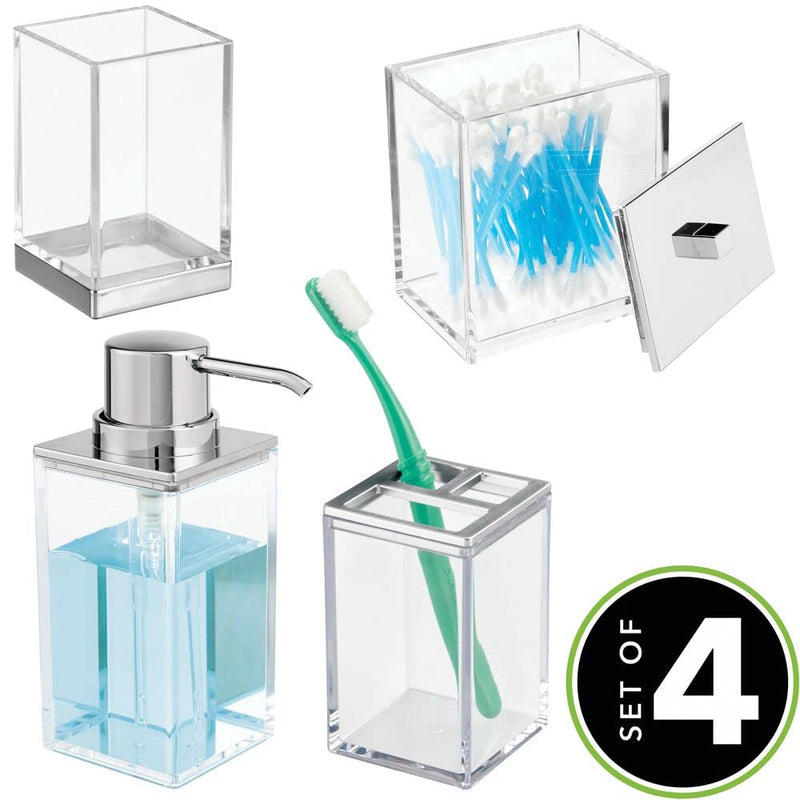 mDesign Plastic Bathroom Storage Jars, Vanity Decor Accessory, Countertop Organizers; Soap Dispenser, Toothbrush Holder, Toothpaste Caddy, Rinsing Cup; Lumiere Collection - Set of 4 - Clear/Chrome