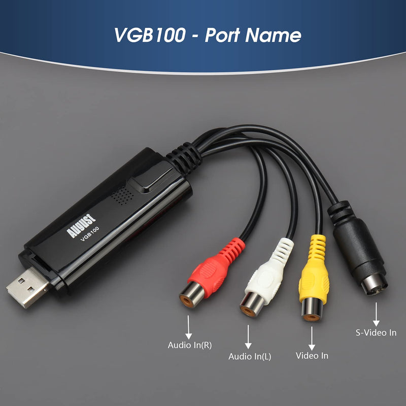 External USB Video Capture Card - August VGB100 - Transfer VHS Home Videos to PC / Capture Xbox 360 and PS3 Gameplay / S-Video and Composite In