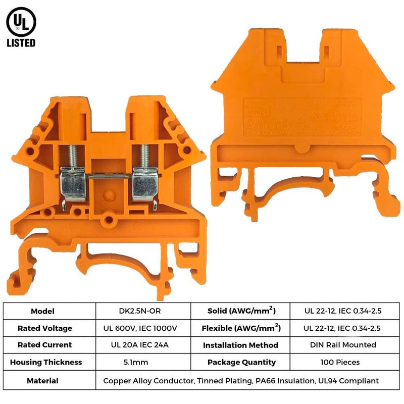 [AUSTRALIA] - Dinkle Orange DK2.5N-OR DIN Rail Terminal Block Screw Type UL 600V 20A 12-22AWG, Pack of 50 