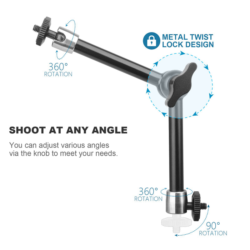 ChromLives 11 Inch Magic Arm Adjustable Articulating Friction Camera Arm W/ 1/4" Thread Screw and Hot Shoe Mount Compatible with DSLR Camera Rig, LED Lights, Flash Light, LCD Monitor Steel Magic Arm