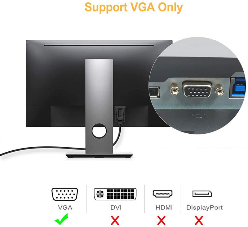 USB 3.0 to VGA Cable 6 Feet, CableCreation USB to VGA Adapter Cord 1080P @ 60Hz, External Video Card, Only Support Windows 10/8.1/8 / 7 (NO XP/Vista/Mac OS X), Black 6Feet
