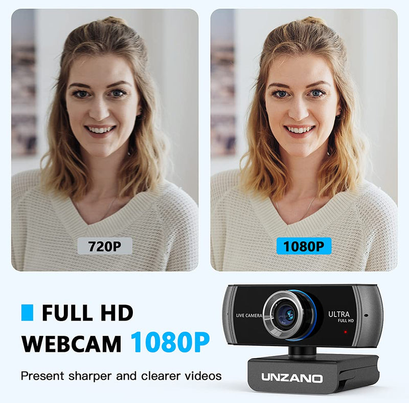 Full HD 1080P Webcam, Unzano Streaming Camera, Webcam with Microphone, Wide Angle USB Computer Camera with Facial-Enhancement Tech, Webcam for Desktop Laptop PC Mac, Video Conferencing, Skype, YouTube