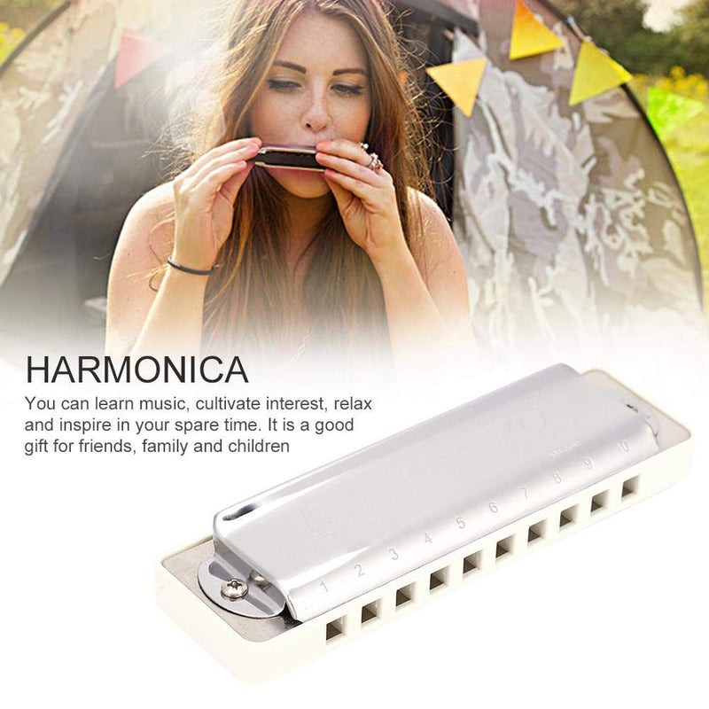 D Major Harmonica,10 Hole 20 Tone Blues Harmonica in the Key of D(White) White