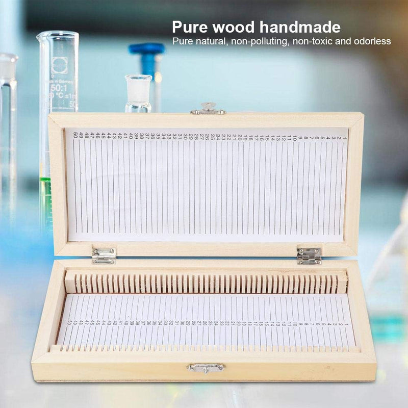 Biology Glass Prepared Microscope Slides Specimens Wooden Slide Storage Box Case 50PCS