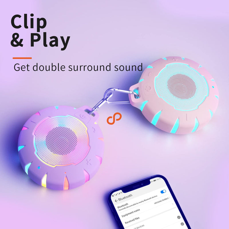 HEYSONG Waterproof Bluetooth Speaker, Shower Speaker with HD Sound, LED Light, Floating, Lightweight Portable Speakers for Travel, Pool, Beach, Kayak, Gifts for Girl, Teen Purple