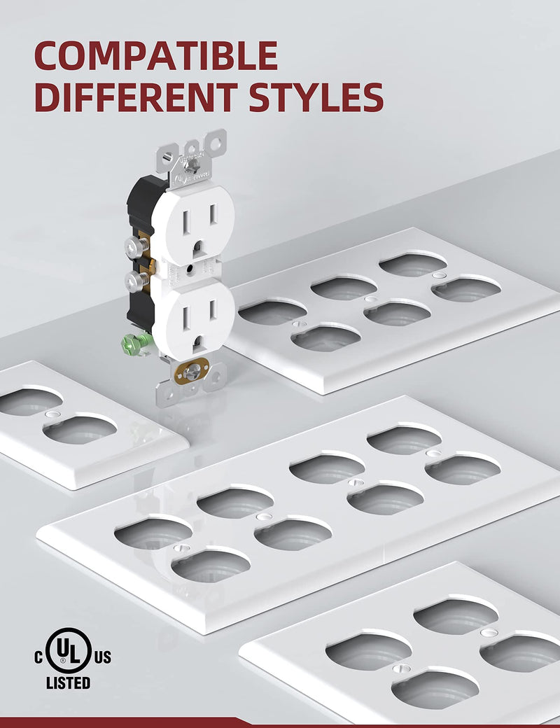 AIDA Duplex Receptacle Wall Outlet, Residential, 3-Wire, Self-Grounding, 15Amp 125V, UL Listed, Push & Side Wire, White (10 Pack) 15Amp Duplex Receptacle Outlet