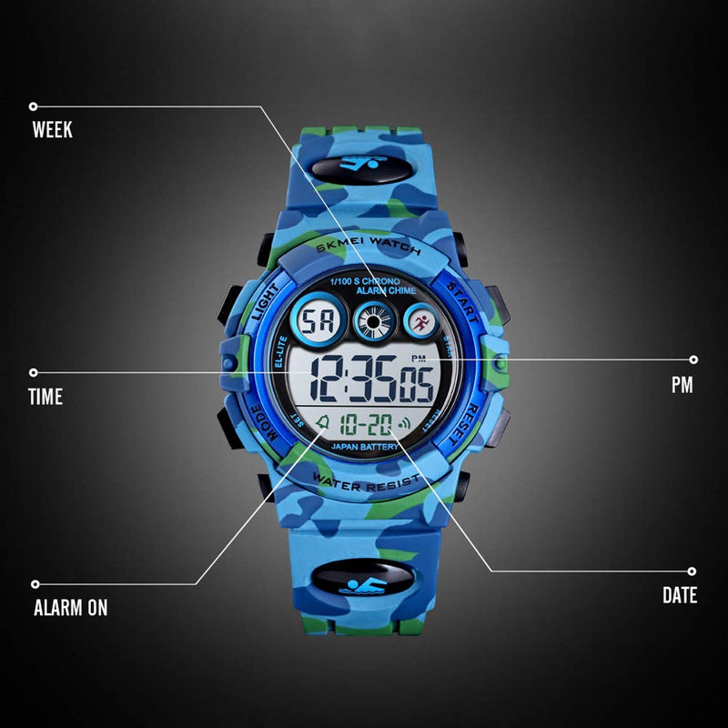 Boy's Digital Watch, Military Sports Watch with Alarm Stopwatch LED Backlight Waterproof Kids Watch for Boys B-Light Camouflage Blue