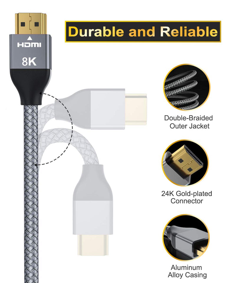 8K 60Hz HDMI Cable 10FT 2-Pack,Certified 48Gbps 7680P Ultra High Speed HDMI Cord for Apple TV,Roku,Samsung QLED,2.0 2.1,Sony Playstation,PS5,Xbox One Series X,eARC 8ft HDR HDCP 2.2 2.3,4K 120Hz 144Hz Gray