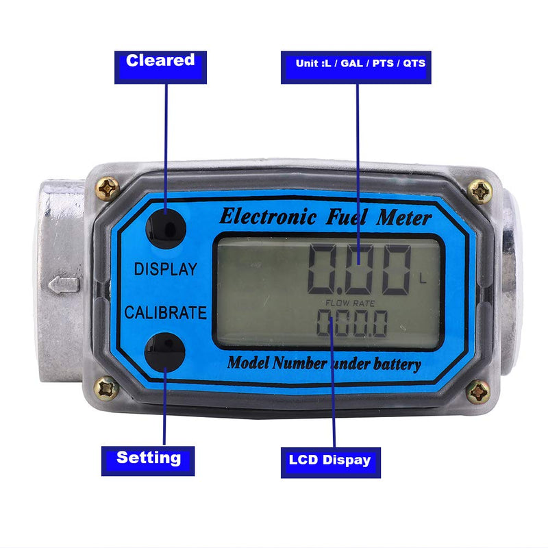 LELUKEE Digital Fuel Turbine Aluminum Flowmeter with LCD Display,1″ FNPT Inlet/Outlet (10-100 LPM)-Unit of Measurement Support L/GAL/PTS/QTS (1inch) 1inch