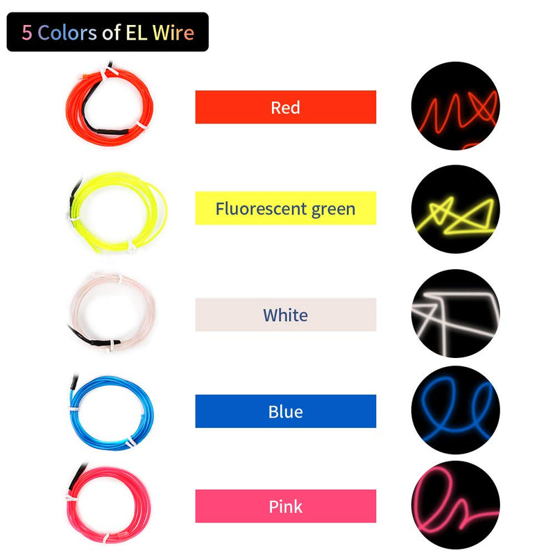 [AUSTRALIA] - welltop EL Wire Kit, Portable Neon EL Wire Lights with AA Battery Inverter, EL Wire Ice Lights 5 by 1 Meter for Halloween Christmas Decoration, Blacklight Run(White Blue Red Fluorescent Green Pink) 
