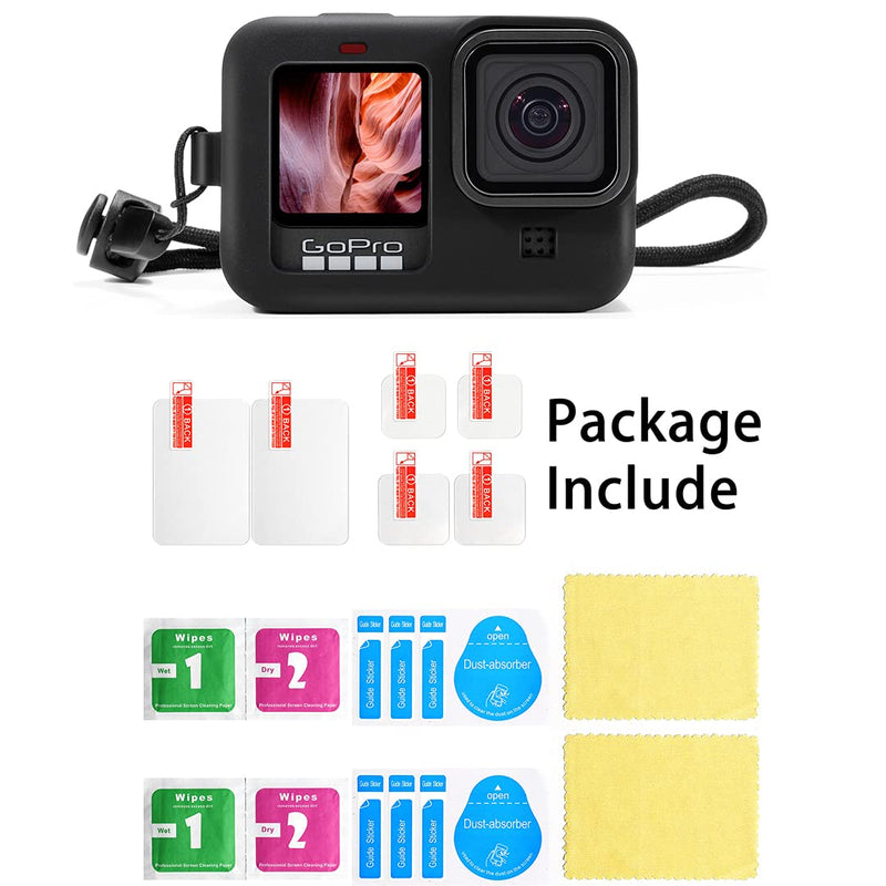 Yisau Case for GoPro Hero Hero 9 Black with Screen Protector Kit, Includes Silicone Lens Cap & HD Tempered Glass Front & Rear Protective Film&Lens Protector (Black)