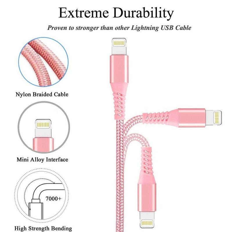 iPhone Charger 6ft 2Pack Aioneus Mfi Certified Lightning Cable Fast Charging Nylon Braided Phone Charger Cord Compatible with iPhone 12 Pro Max 11 Pro Xr Xs Max 10 8 Plus 7 6 6s 5c,SE 2020,iPad Pink