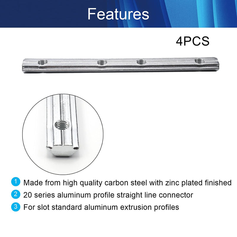 Aicosineg 4pcs Carbon Steel Straight Line Connector 3.94" Joint Bracket Hardware for 2020 Series 6mm T Slot Aluminum Profile Corner Bracket Plate 3D Printer Parts with Screws Silver Tone