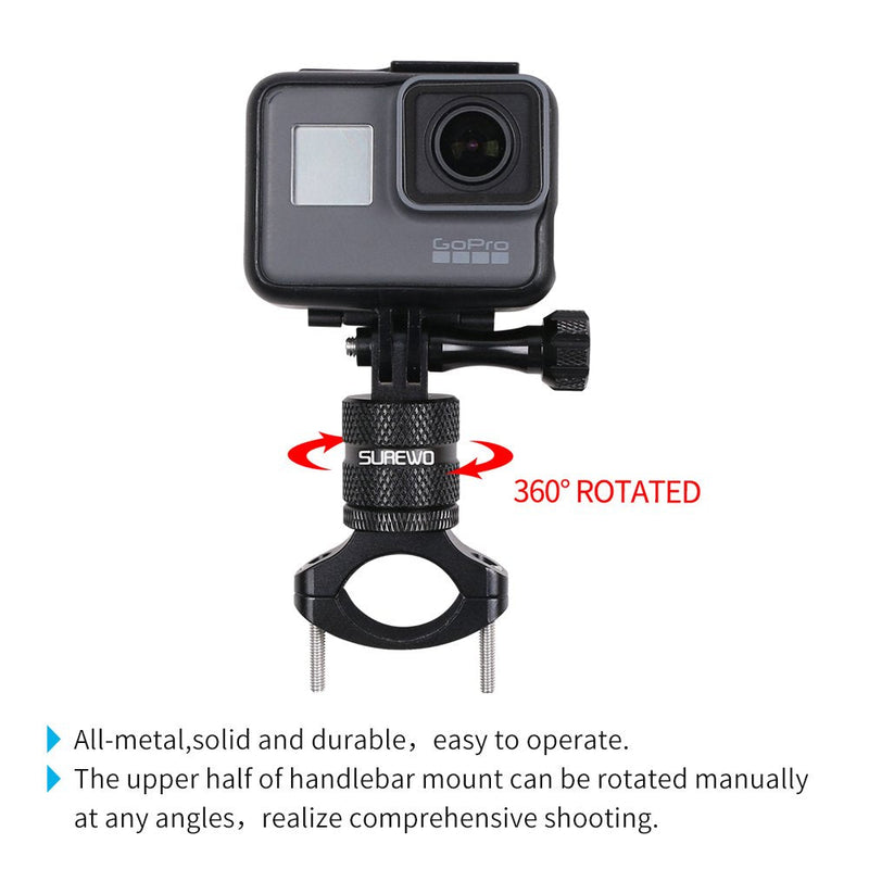 SUREWO Bike Mount for GoPro Hero 10/9/8/7/6/5 Black,GoPro Max,Camera Aluminum Bicycle Motorcycle Handlebar Mount Compatible with DJI Osmo Action 2,Xiaomi YI,Crosstour and Most Action Cameras