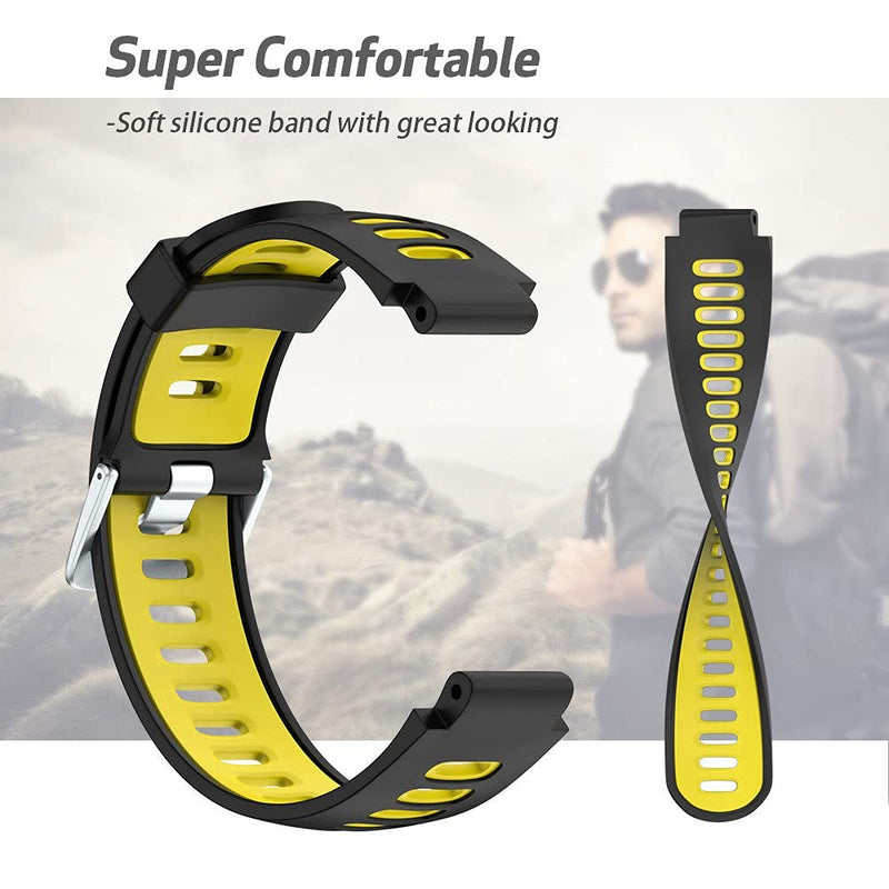 NotoCity Silicone Watch Band Replacement Solft Silicone Strap Compatible Forerunner 230/ 220/ 235/ 620/ 630/ 735XT/ Approach S20/ S5/ S6-Black Yellow Black Yellow