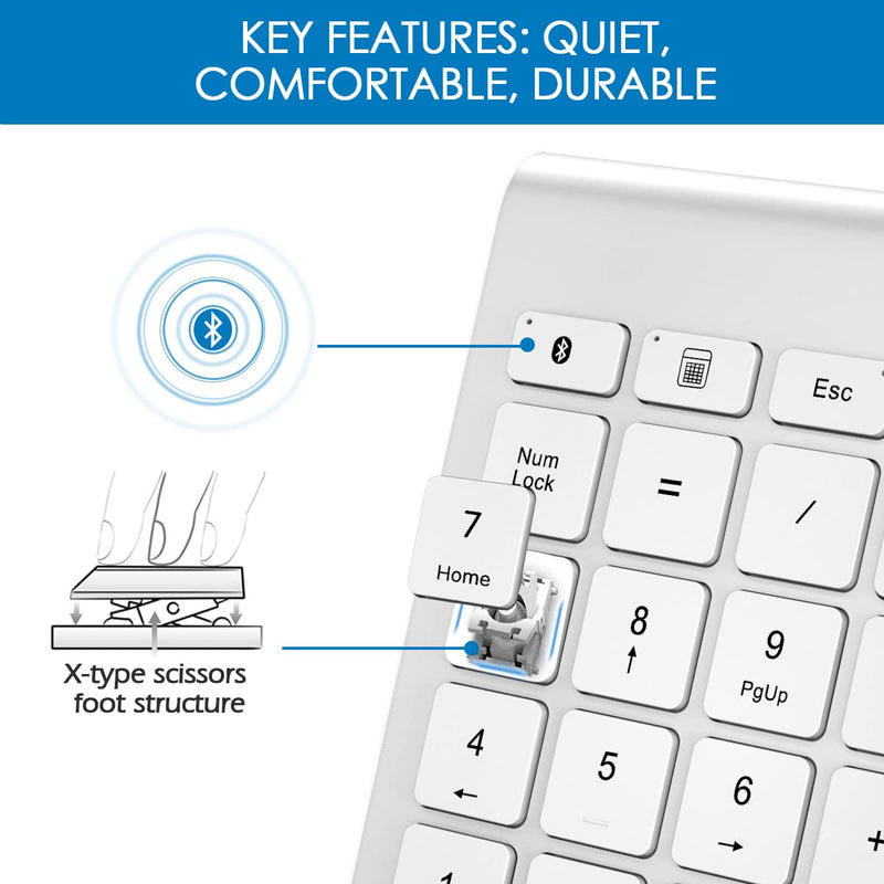 Foloda Bluetooth Wireless Number Pads: 22 Keys Wireless Financial Accounting Numeric Keypad, External 10 Key Numpad Numbers Keyboard for Laptop Computer Surface Pro Notebook Desktop Silver White