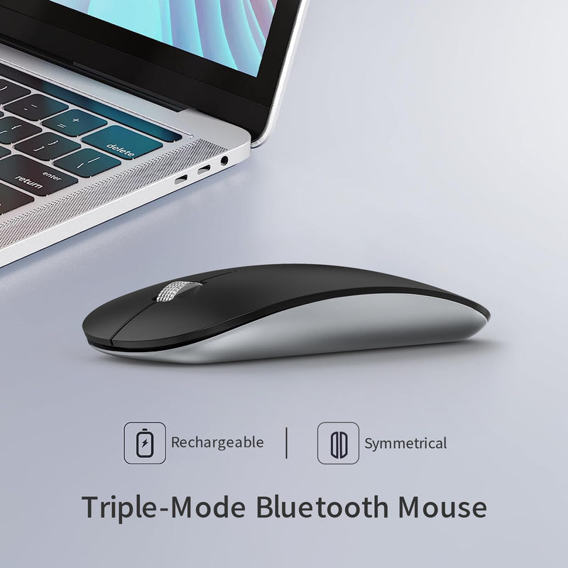 TENMOS M18 Bluetooth Mouse, USB C Rechargeable Wireless Mouse, Triple Mode (Dual Bluetooth+USB) Computer Silent Mice Portable with USB Receiver Type C Adapter for Laptop/MacBook/iPad/PC - Matte Black