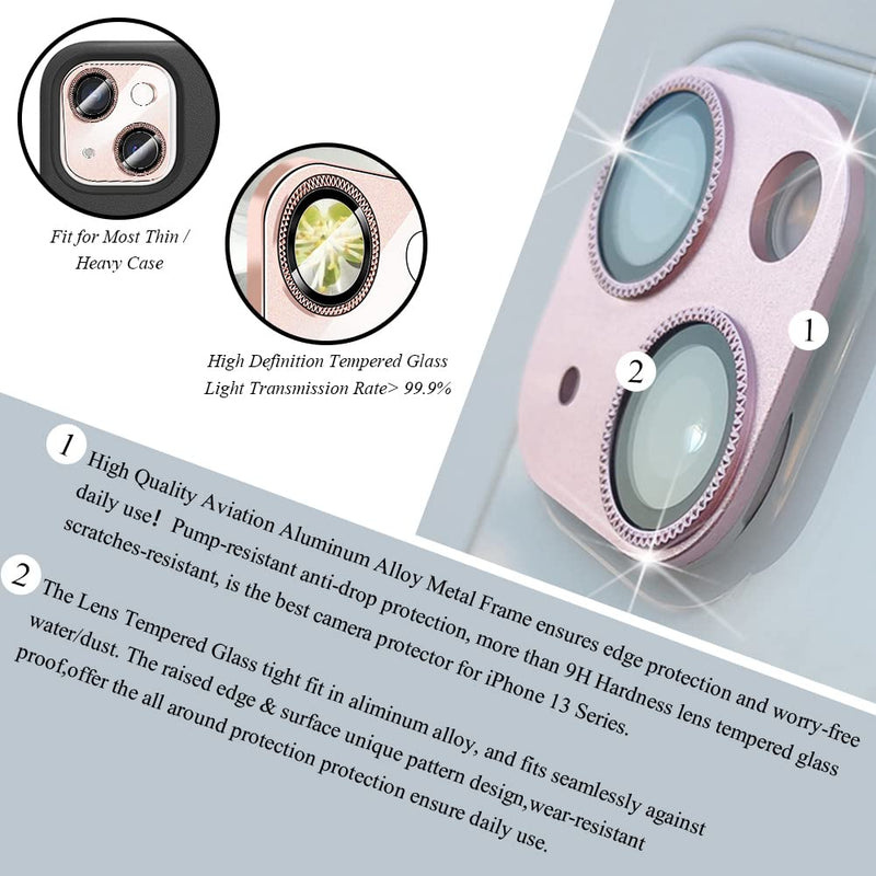 JOLOJO 2 Pack Camera Lens Protector Compatible for iPhone 13/13 Mini, Aluminum Alloy Metal & 9H Tempered Glass Camera Cover Shock/Water-Proof,Shatter/Scratch-Resistant,Case Friendly - Pink