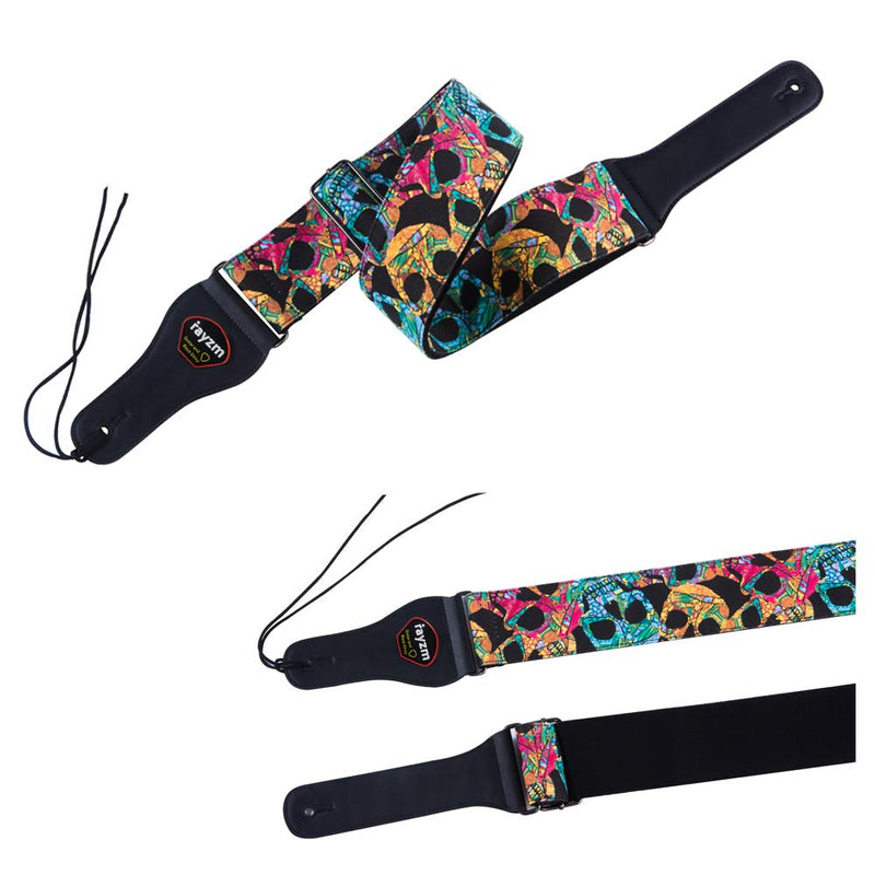 Rayzm Guitar Strap/Bass Strap, Cotton Belt for Acoustic/Electric/Bass Guitar with Pick Pocket & Cool Skull, Adjustable Length, 6.5cm Super Wide for Adults to Play Comfortably (Too Big for Children)