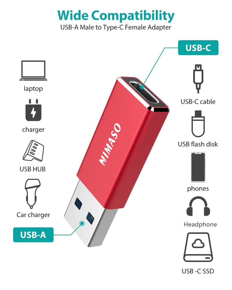 USB C to USB Adapter,NIMASO USB C to USB 3.0 Adapter, USB A to C Adapter 5Gbps Sync Fast Charging Audio Output Both Sides for iPhone 11,Airpods iPad,Samsung Note 10 S20 S20+ S9 S8,Google Pixel,Laptops Red