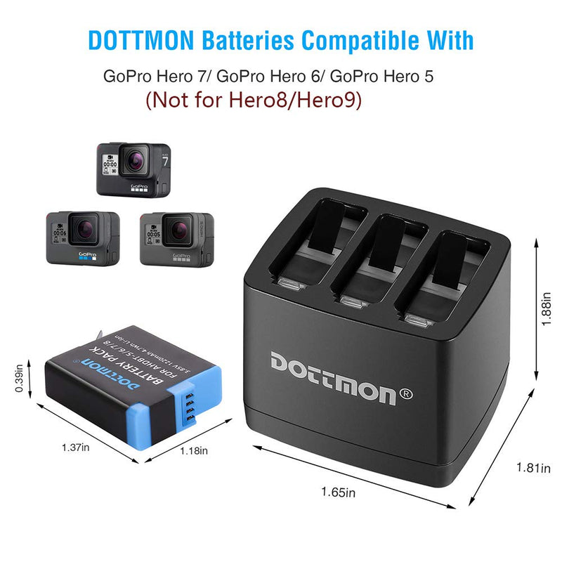 DOTTMON 2-Pack Gopro Battery for Hero 5/6/7 & 3-Channel Battery Charger for Gopro Hero 5 Black/Hero 6 Black/Hero 7 Black(Not for Hero 8/9)