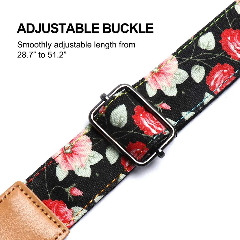 Ukulele Strap, IHOBOR Hawaiian Black Rose Ukelele Shoulder Strap, Suitable for Soprano Concert Tenor Baritone String Instruments