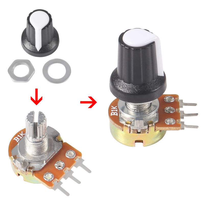 AITIAO 25Sets B1K Ohm Knurled Shaft Linear Rotary Taper Potentiometer WH148 B1K Single-Joint Variable Resistors 15mm Shaft 3Pins 1K Ohm Potentiometer with Nuts, Washers and Knob