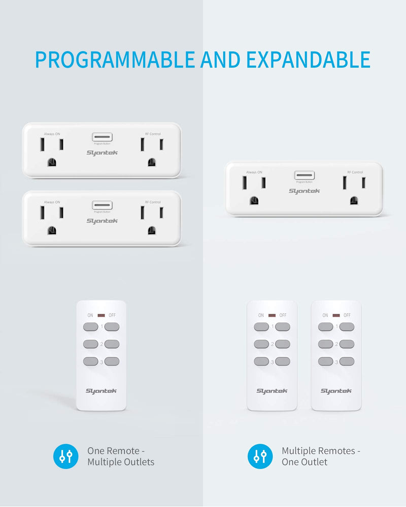 Syantek Wireless Remote Control Outlet for Home Appliances, Remote Switch Outlets up to 100ft Range, Programmable Remote Control Plug Outlet Kit, FCC Certified, White (2 Outlets + 1 Remote)