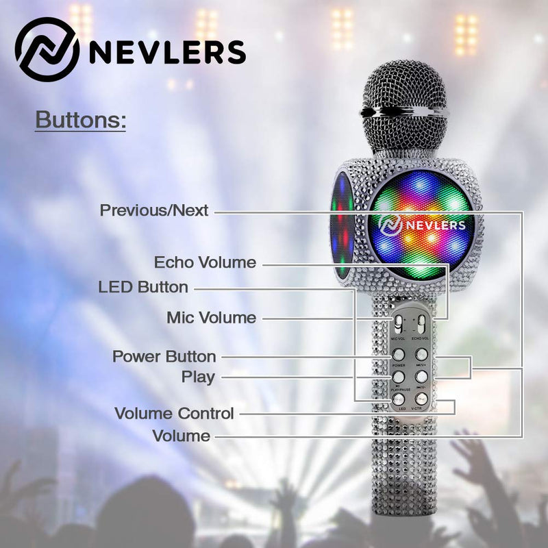 [AUSTRALIA] - NEVLERS Karaoke Microphone with Wireless Bluetooth Speaker, Voice Changer and Colorful LED Lights, Easy To Use Portable Karaoke Machine for Kids and Adults - SILVER BLING 