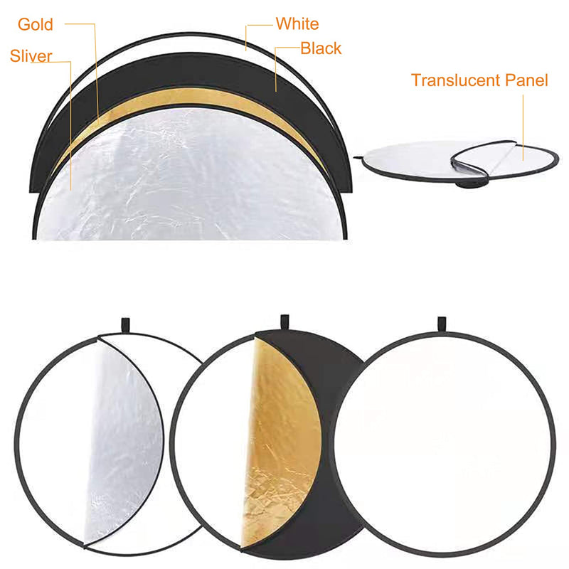 Photography Reflector with Clip 24 Inch 5 in 1 Photo Light Collapsible Diffuser with Bag & Reflector Holder for Studio Photography Outdoor Lighting Translucent Silver Gold White Black 24inch/60cm