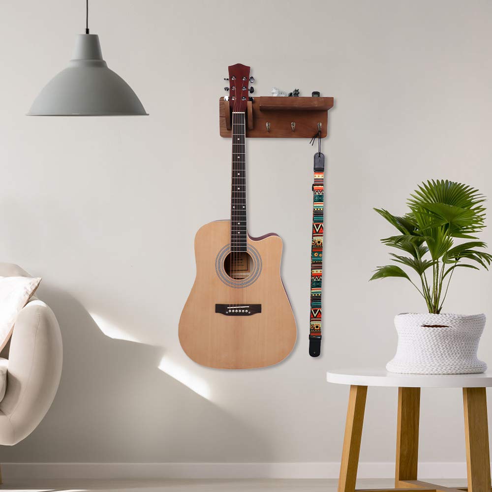 Guitar Wall Mount Hanger With Storage Shelf With 3 Metal Wood Rack