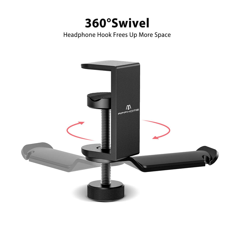 APPHOME Headphone Stand Hanger Under Desk 360 Degree Rotating PC Gaming Headset Holder Aluminum Clamp Hook Space Save Mount, Universal Fit All Headphones, Black