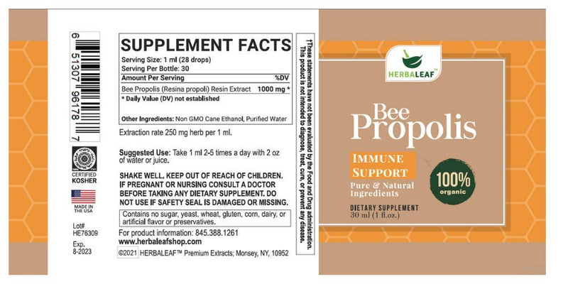 HerbaLeaf Pure Bee Propolis Extract for Immune Support & Sore Throat Relief. (1 Fl Oz)