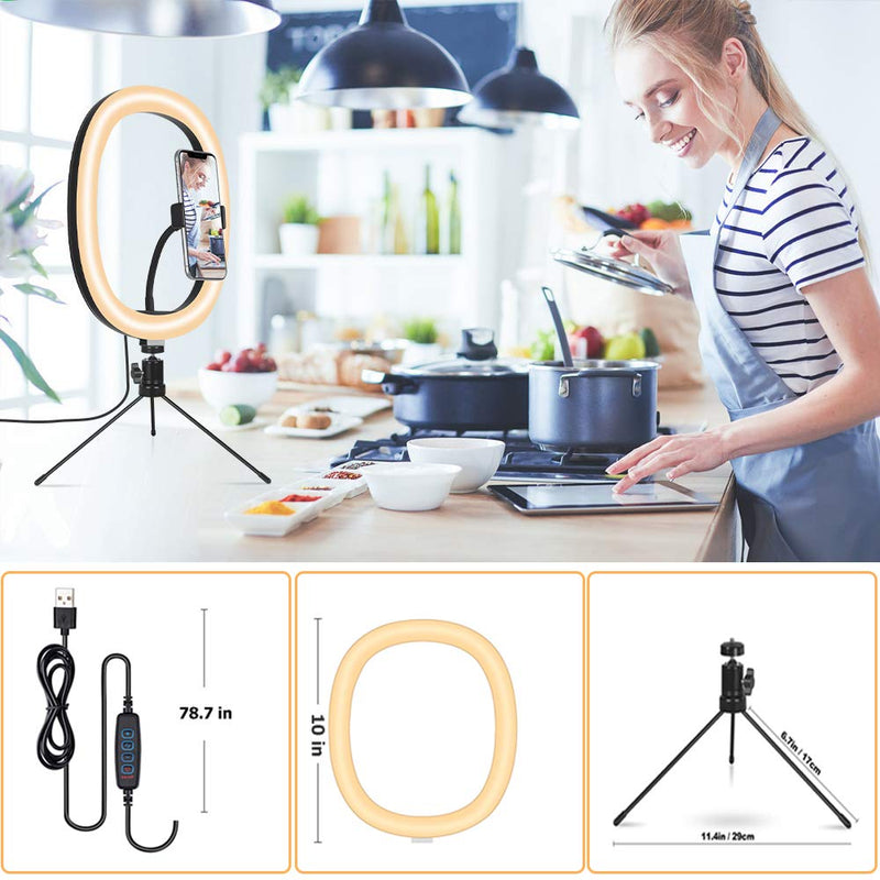 Selfie Ring Light with Tripod Stand, FDTEK LED Ring Light with Phone Holder for Live Streaming Video Makeup Camera Photography, Dimmable Desk Ring Light 10" with 3 Light Modes &10 Brightness Level