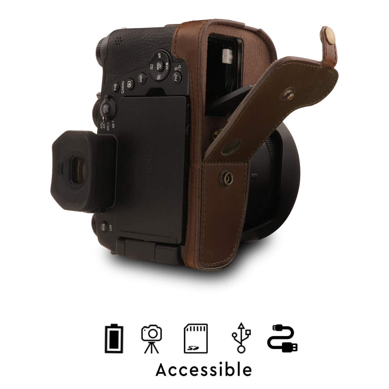 MegaGear Ever Ready Leather Camera Case Compatible with Leica V-Lux 5, Panasonic Lumix DC-FZ1000 II Dark Brown