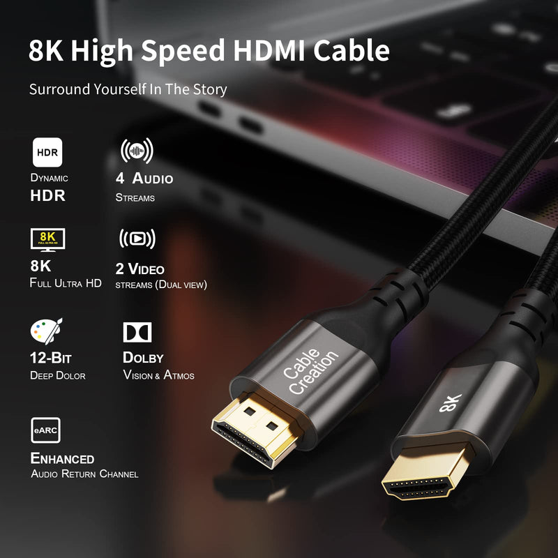 HDMI Cables, CableCreation 8K HDMI 2.1 AM to AM Cable (48Gbps, 8K/60Hz) - 6.6 Feet, HDMI for PS4, eARC HDR HDCP 2.2 2.3 with PS5 PS4, Xbox Series X, MacBook Pro 2021, Roku TV, Sony TV, Samsung TV 6.6ft Dark Grey