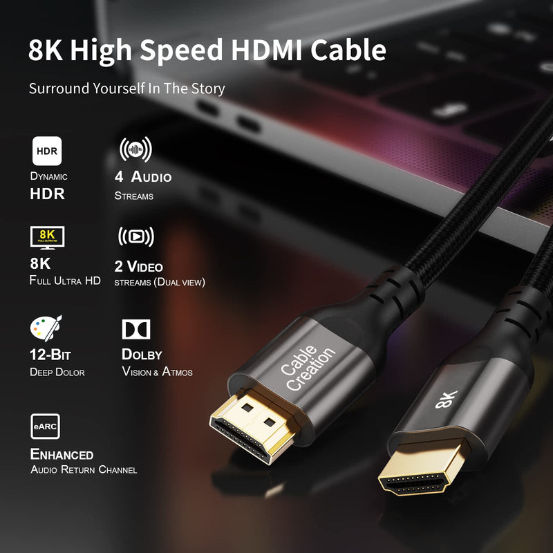8K HDMI Cable, CableCreation HDMI for PS4 (48Gbps, 8K/60Hz) - 3.3 Feet, Xbox Series X HDMI Cable, eARC HDR HDCP 2.2 2.3 with PS5 PS4, Xbox Series X, MacBook Pro 2021, Roku TV, Sony TV, Samsung TV 3.3ft Grey